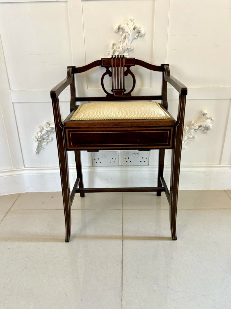 Antique Edwardian Mahogany Inlaid Piano Stool - Image 4